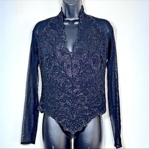 TADASHI M top Formal black Mesh Stretch Back zip Netting sparkle Beaded corset